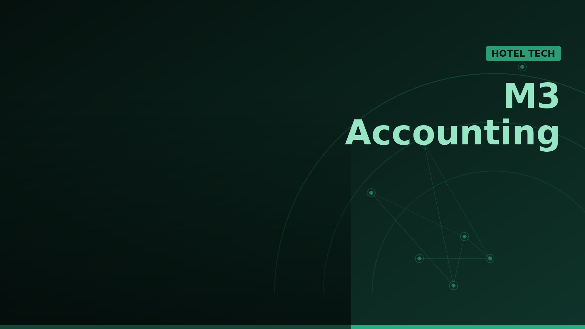 Dark green gradient hero with large light-green 'M3 Accounting' text and a small green 'HOTEL TECH' badge, plus abstract network lines on the right.