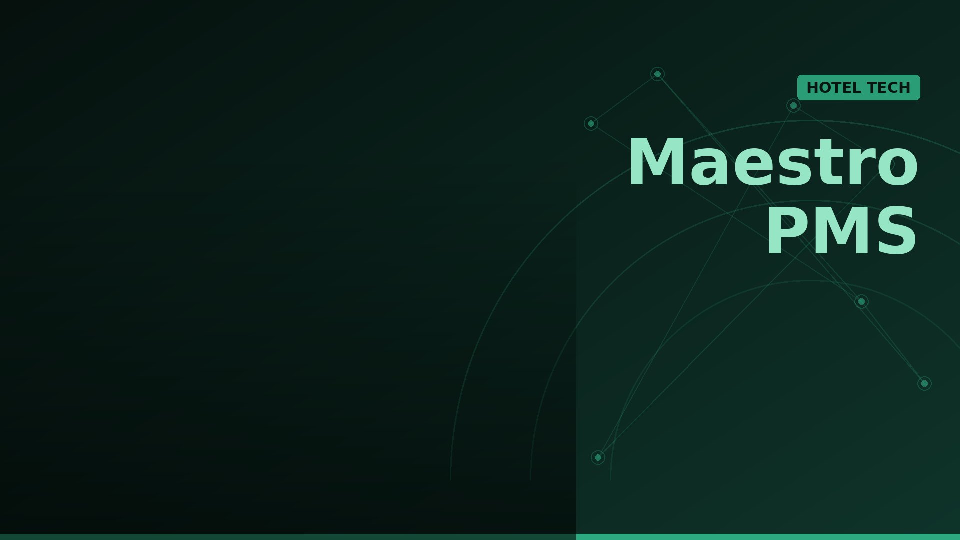Dark green gradient hero banner with abstract network lines and the text 'Maestro PMS' on the right, plus a green 'HOTEL TECH' badge in the corner.