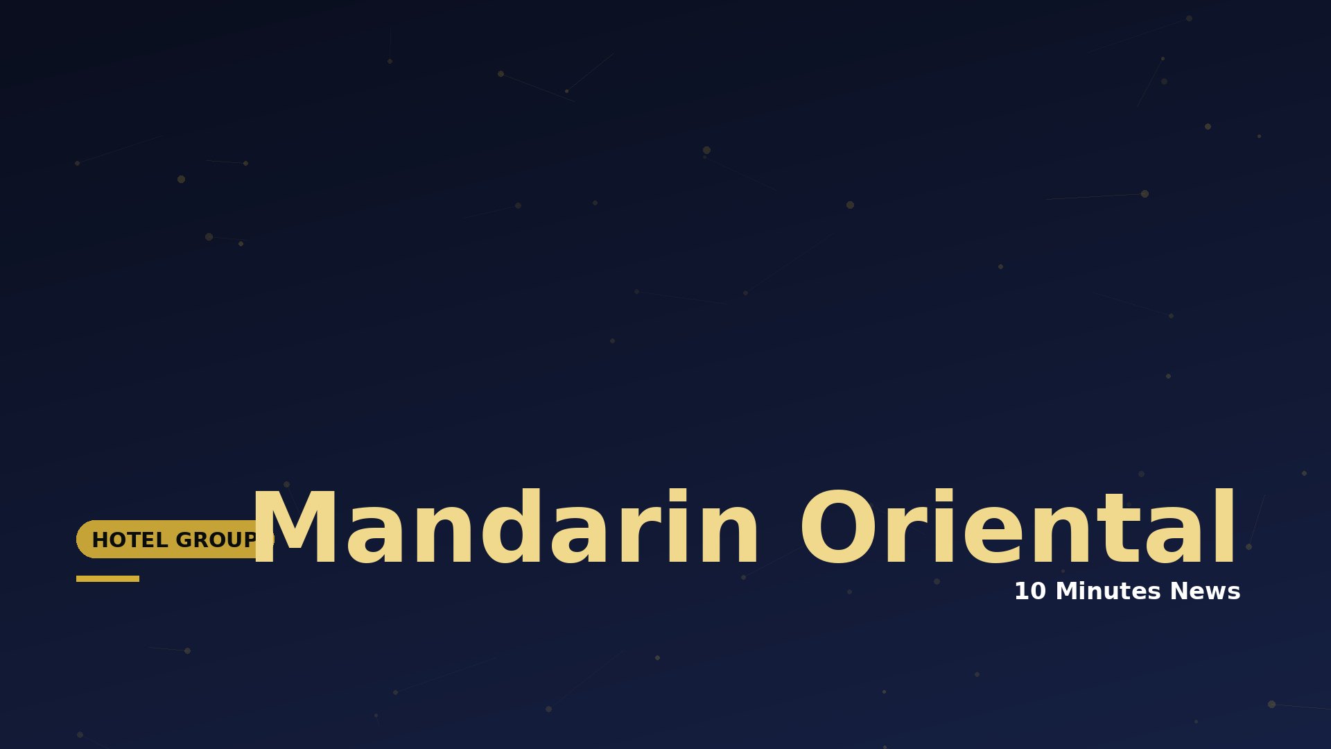 Hero banner with dark blue gradient background and subtle connecting-dots pattern; large beige text reads 'Mandarin Oriental' with a yellow 'HOTEL GROUP' badge nearby.