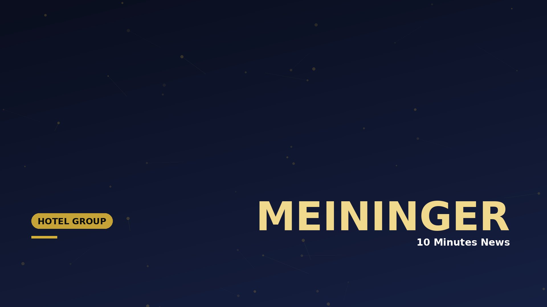 Dark blue gradient banner with gold MEININGER text and a yellow rounded 'Hotel Group' badge on the left. The background has subtle dotted constellation patterns.