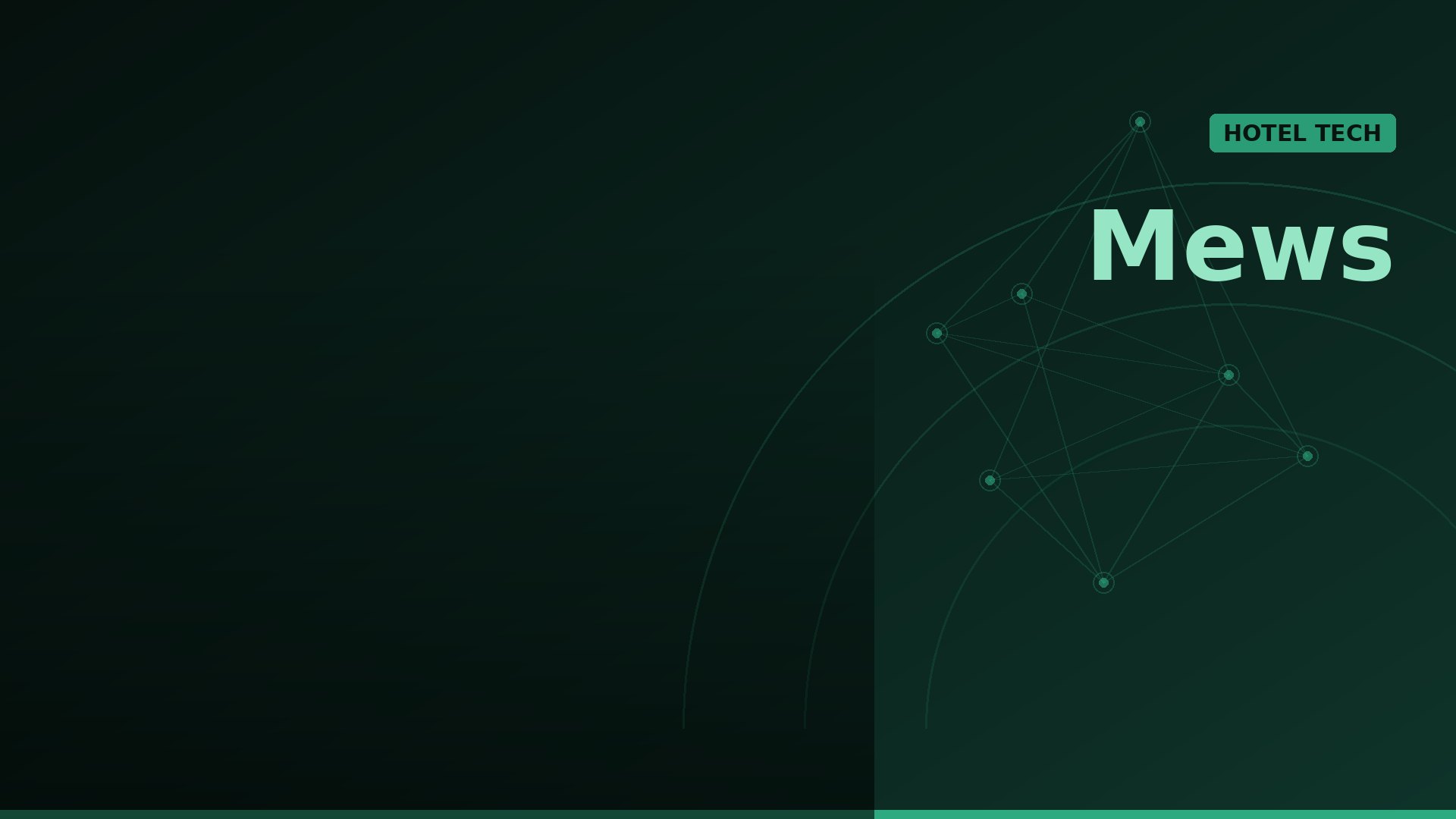 Dark green gradient hero banner with network nodes and curves on the right, featuring the word 'Mews' and a green 'HOTEL TECH' badge (informative banner).