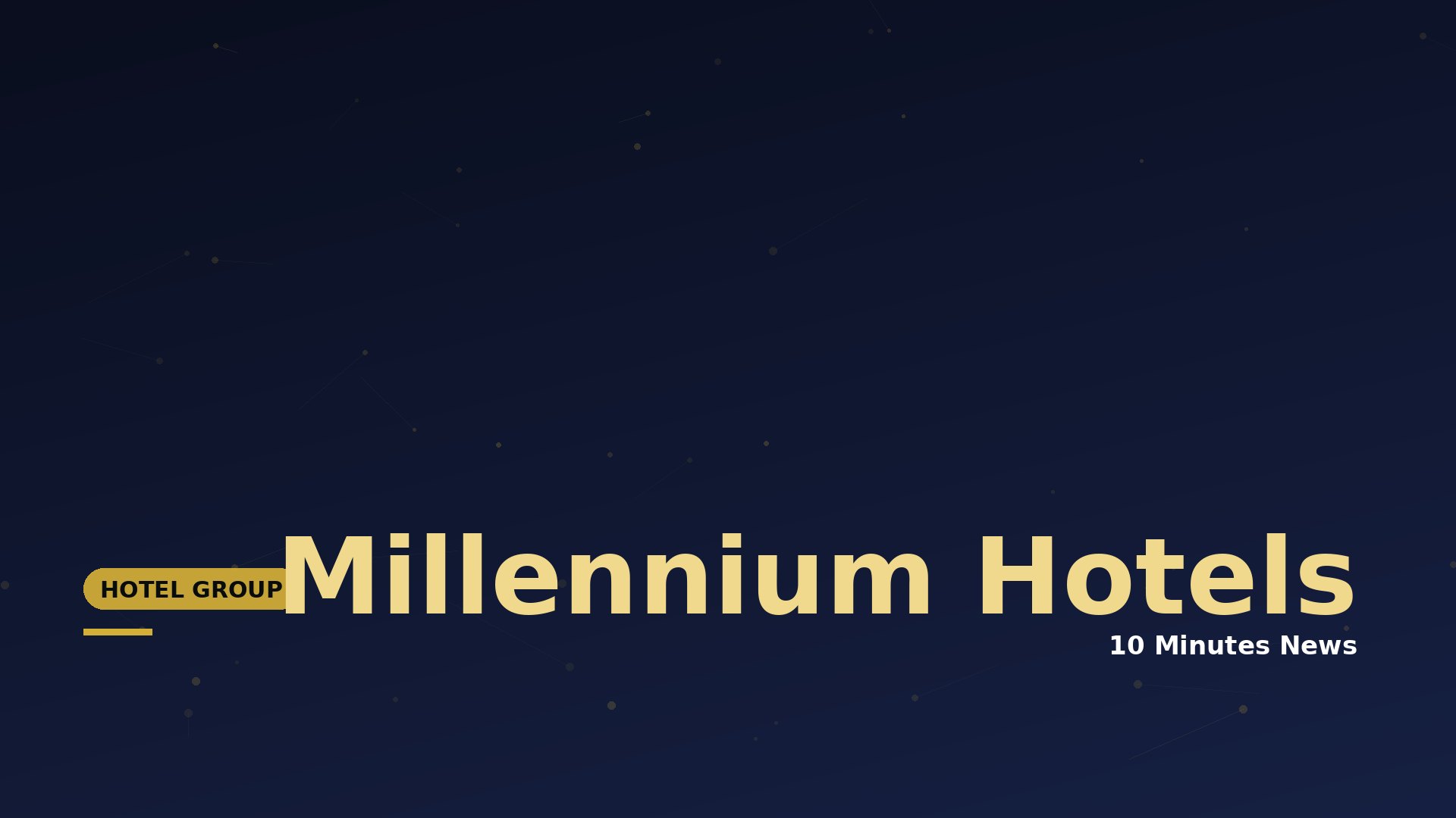 Dark blue gradient hero banner with large gold text 'Millennium Hotels' and a small gold 'Hotel Group' badge on the left.