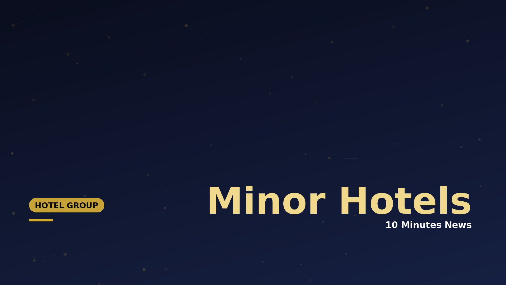 Dark blue gradient hero with small gold dots and connector lines, featuring the text 'Minor Hotels' and '10 Minutes News' and a left gold 'HOTEL GROUP' badge.