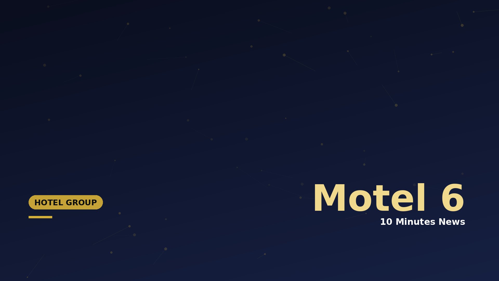 Dark blue gradient banner with a subtle network of dots; large beige 'Motel 6' text bottom-right and a gold rounded 'Hotel Group' badge bottom-left.