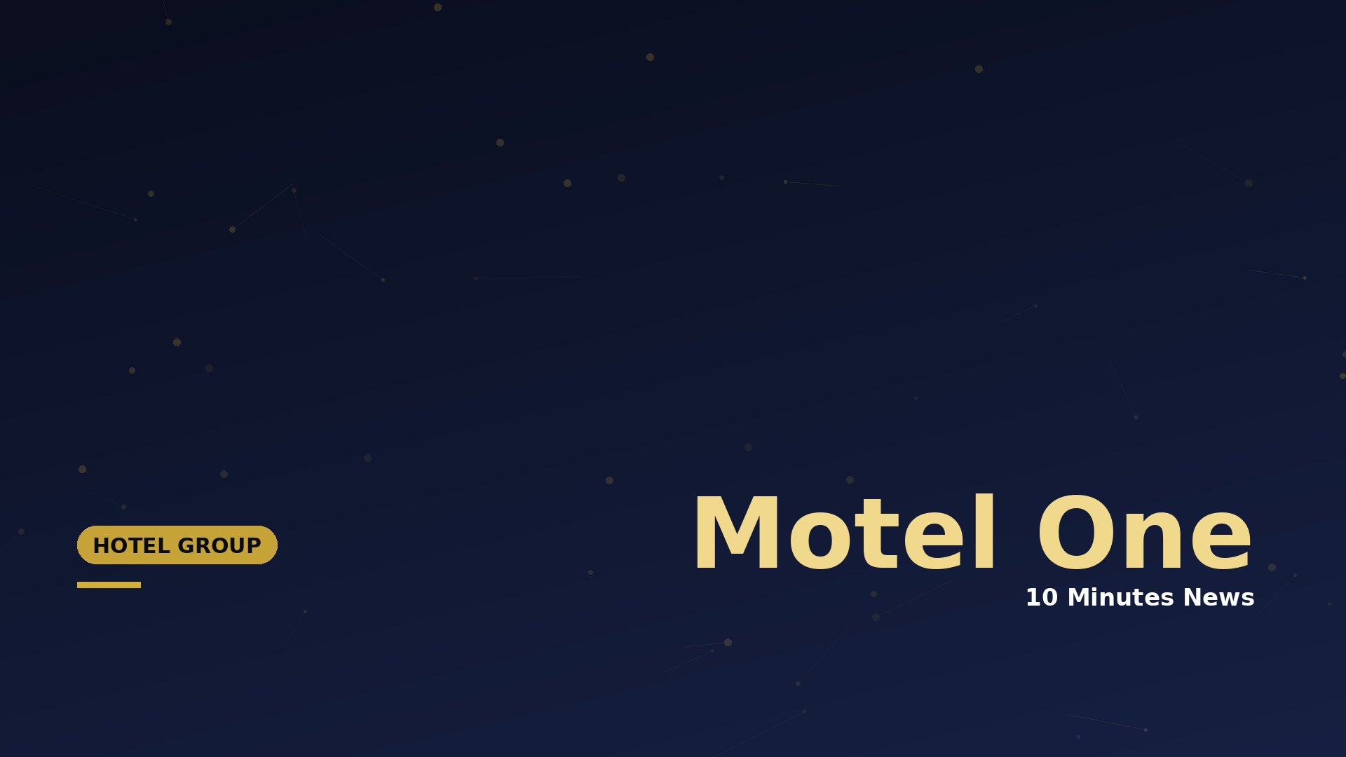 Dark blue gradient hero banner with constellation dots and lines, featuring large beige text ‘Motel One’ and a gold rounded badge reading ‘HOTEL GROUP’ on the left.