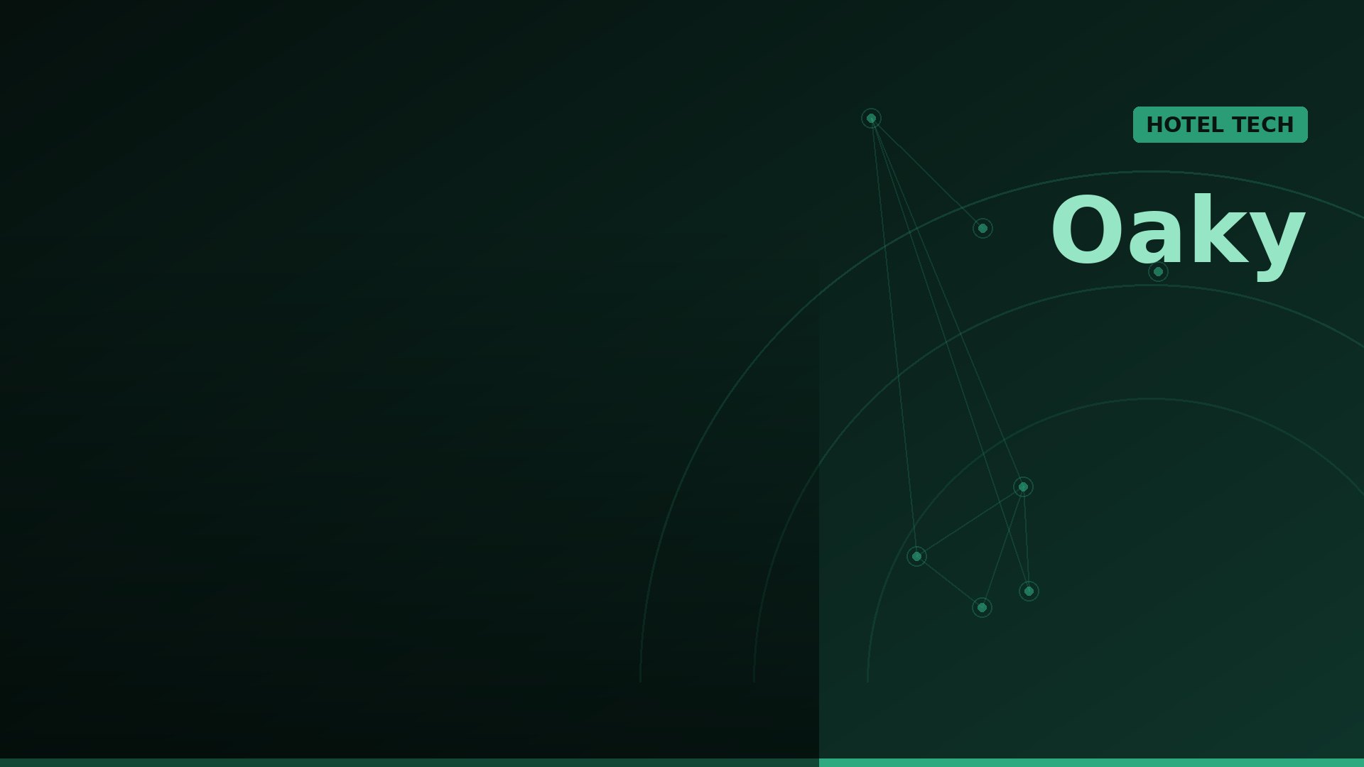 Dark green gradient tech background with abstract lines and a prominent 'Oaky' wordmark plus a 'HOTEL TECH' badge in the corner.