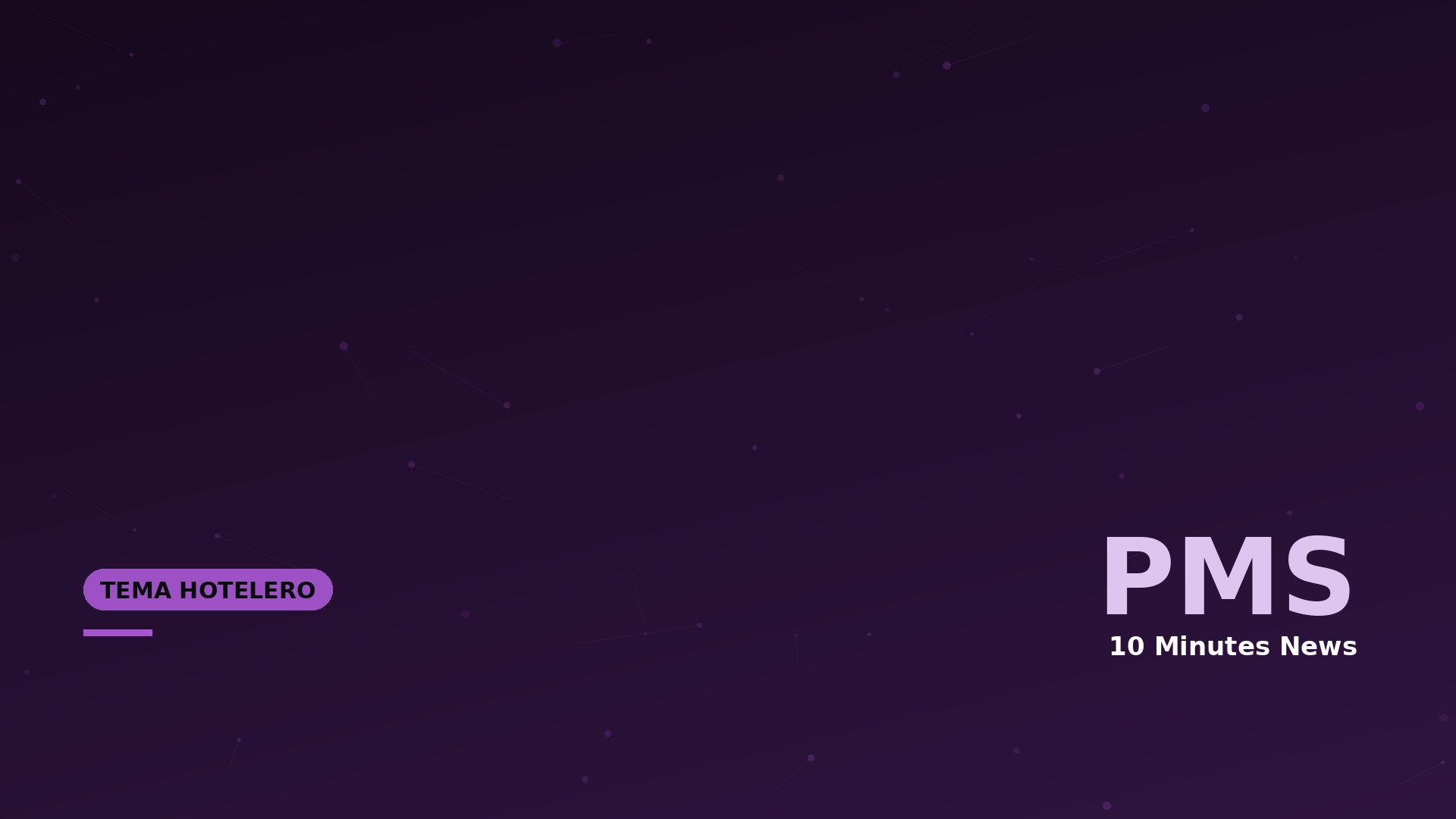 Hero banner with a deep purple gradient and subtle constellation-style dots; bottom-left rounded badge reads 'TEMA HOTELERO', right side shows large 'PMS' and '10 Minutes News' text.