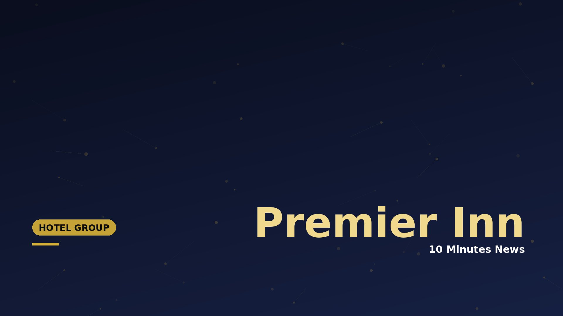 Dark navy gradient banner with a subtle constellation pattern and large beige text reading 'Premier Inn' (left shows a rounded gold 'HOTEL GROUP' button).