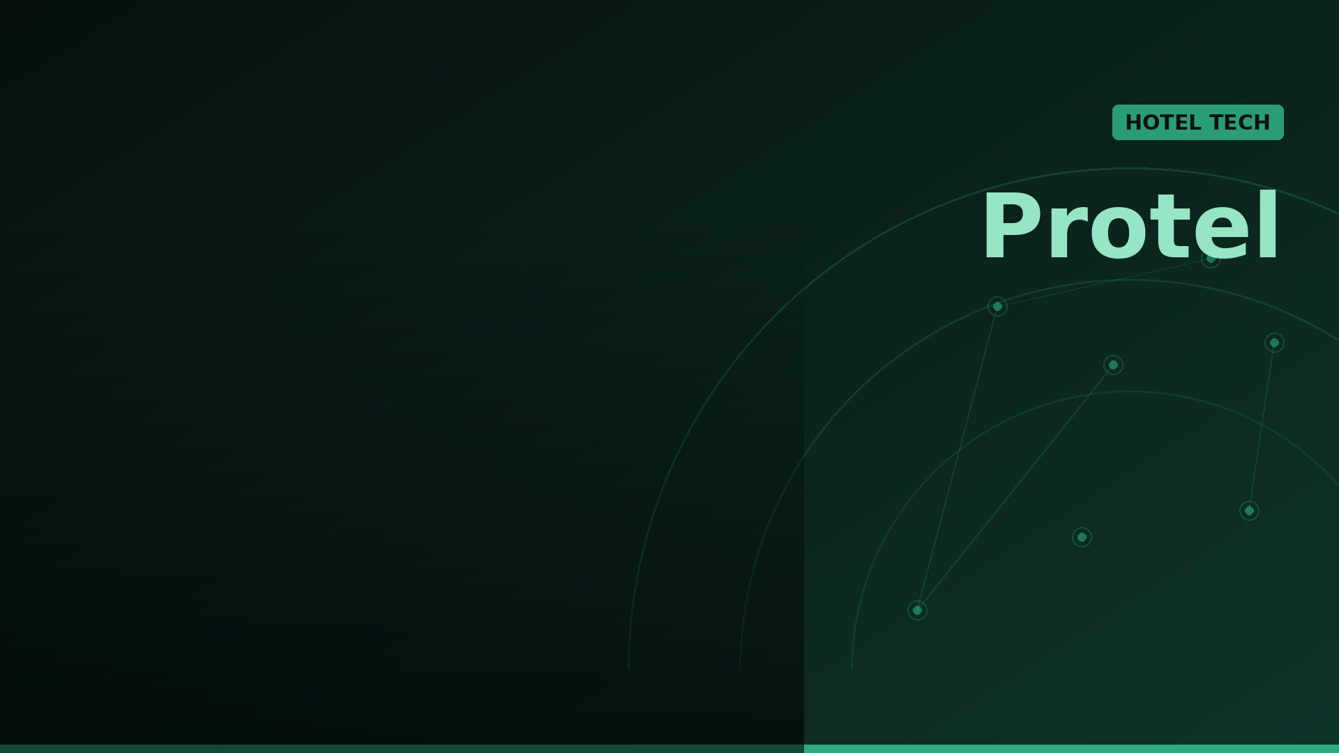 Dark green gradient hero with teal Protel branding and interconnected arc graphics on the right, indicating a tech theme.