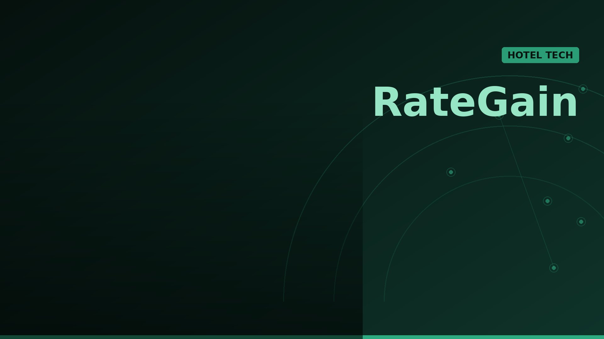 Dark green gradient banner with large 'RateGain' text and a green 'HOTEL TECH' badge on the right; abstract circular arcs in the background.