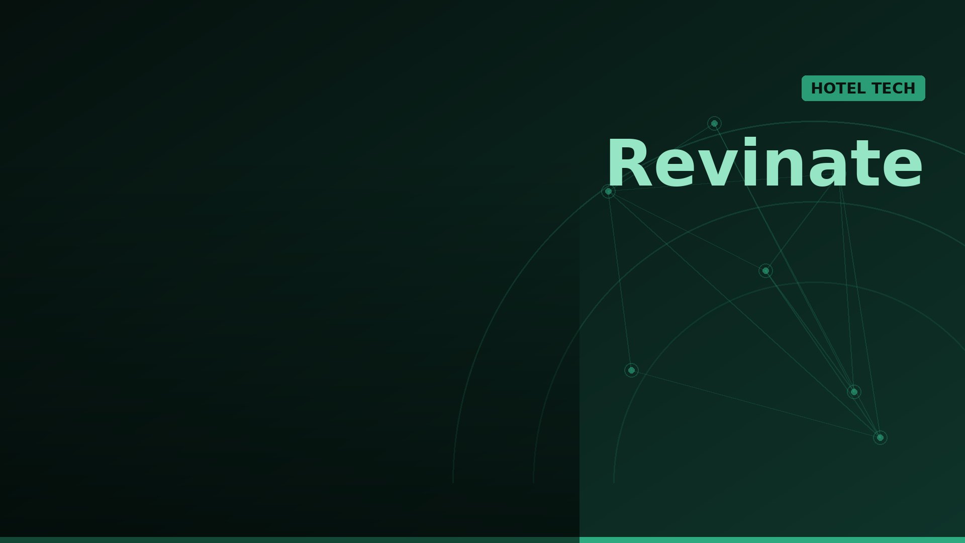 Hero banner: dark green gradient with large 'Revinate' on the right and a teal 'HOTEL TECH' badge, plus abstract network lines in the background.