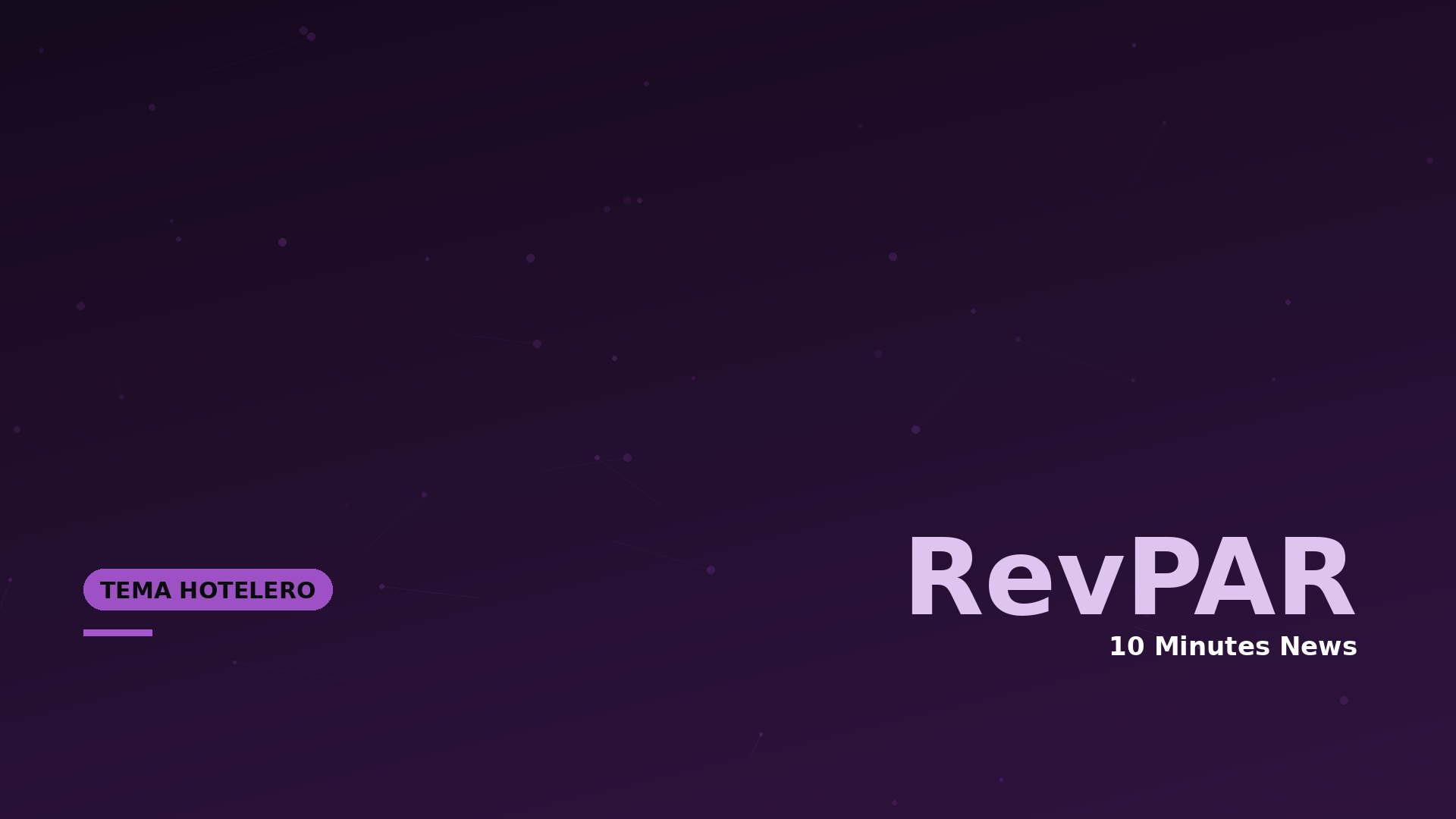 Dark purple gradient hero banner with scattered constellations; bottom-left rounded label reads 'TEMA HOTELERO' and large 'RevPAR' text dominates the right side, with '10 Minutes News' subtitle partially visible