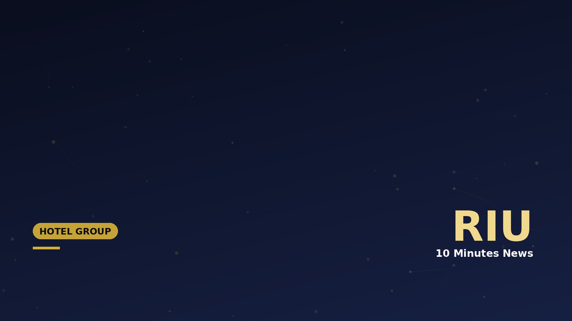 Dark blue gradient hero banner with a subtle dotted constellation pattern; bottom-left yellow rounded badge says 'HOTEL GROUP' and bottom-right features large 'RIU' text with '10 Minutes News' below (informational header).