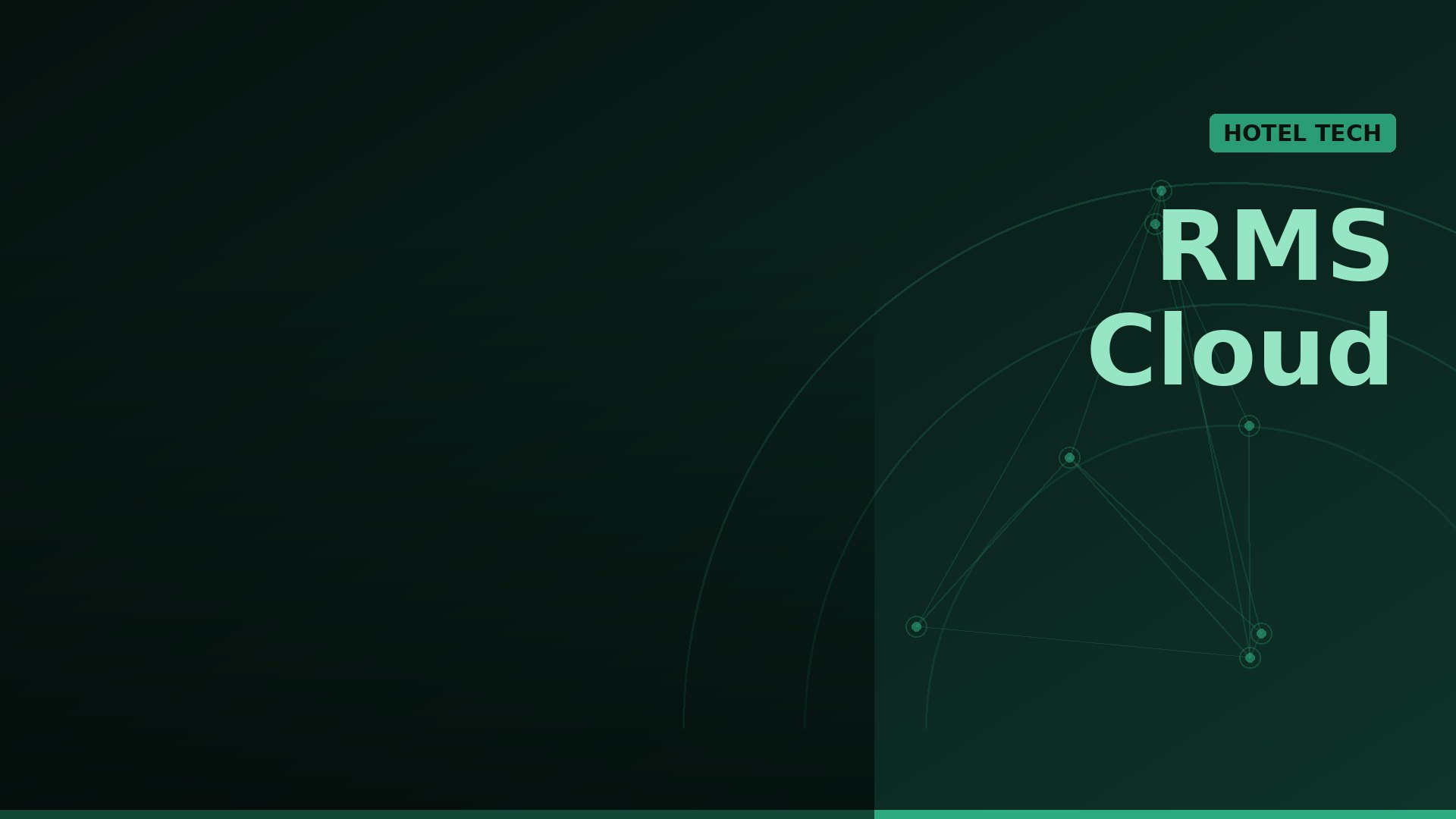 Dark green gradient banner with the words RMS Cloud on the right and a HOTEL TECH badge, plus abstract network lines and nodes in the background.