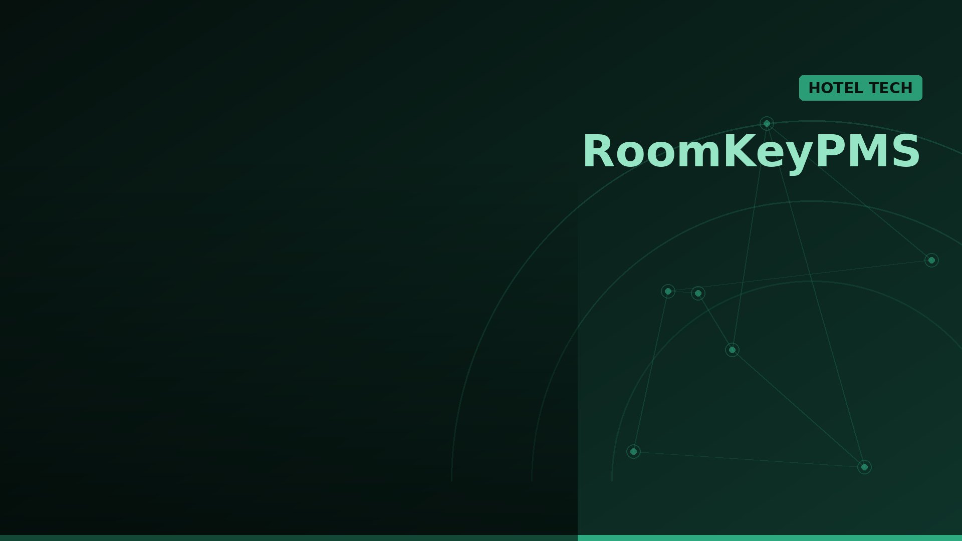 Dark green gradient hero banner with a teal 'HOTEL TECH' badge and large 'RoomKeyPMS' text on the right, connected network lines in the background