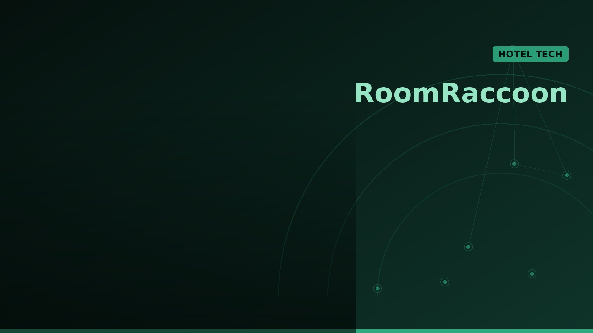 Brand hero banner: RoomRaccoon with a teal 'Hotel Tech' badge on a dark green gradient with abstract network lines in the background.