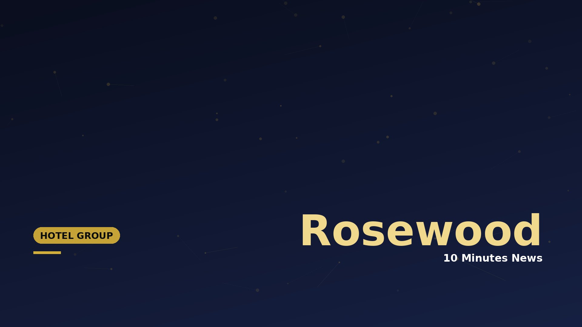 Dark navy gradient hero with scattered glow dots and connecting lines; gold rounded badge 'HOTEL GROUP' bottom-left and large pale gold 'Rosewood' text to the right.