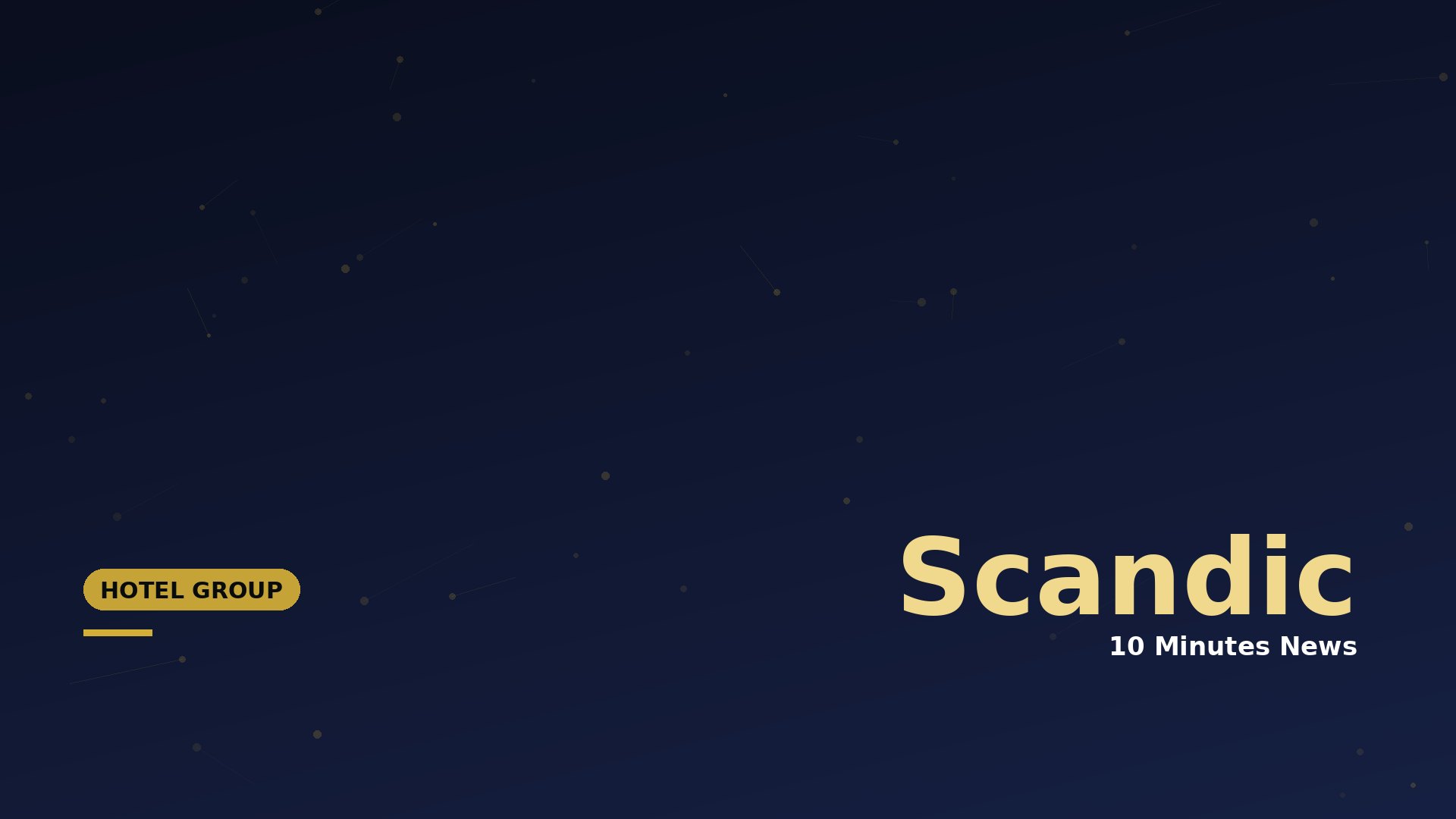 Dark blue gradient hero with constellation-like dots and lines; large beige 'Scandi' text and '10 Minutes News' subtitle, left gold 'HOTEL GROUP' pill.