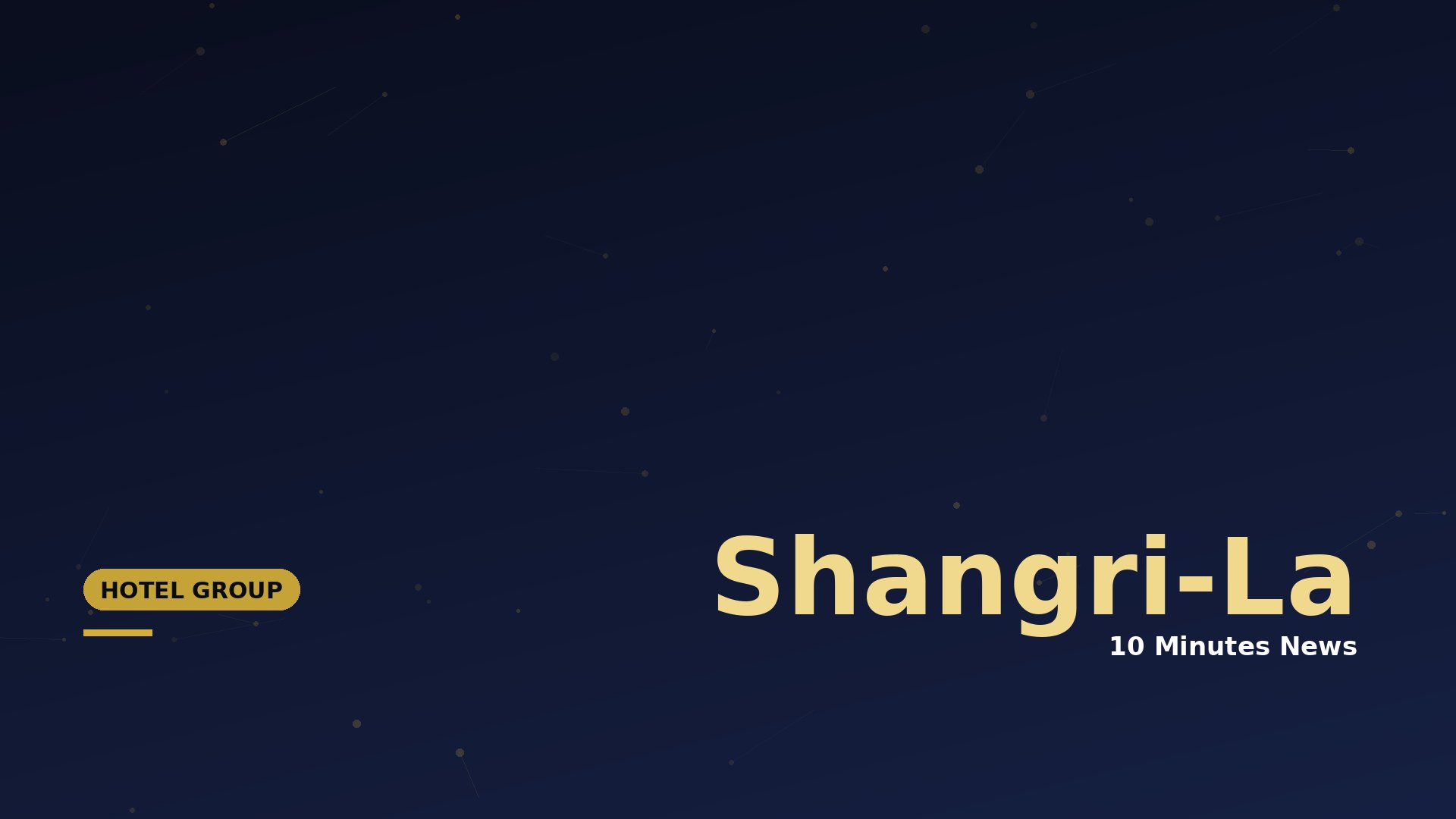 Hero banner for Shangri-La Hotel Group: dark blue gradient with scattered gold dots, large 'Shangri-La' text, '10 Minutes News' subtitle, and a left gold 'HOTEL GROUP' badge.