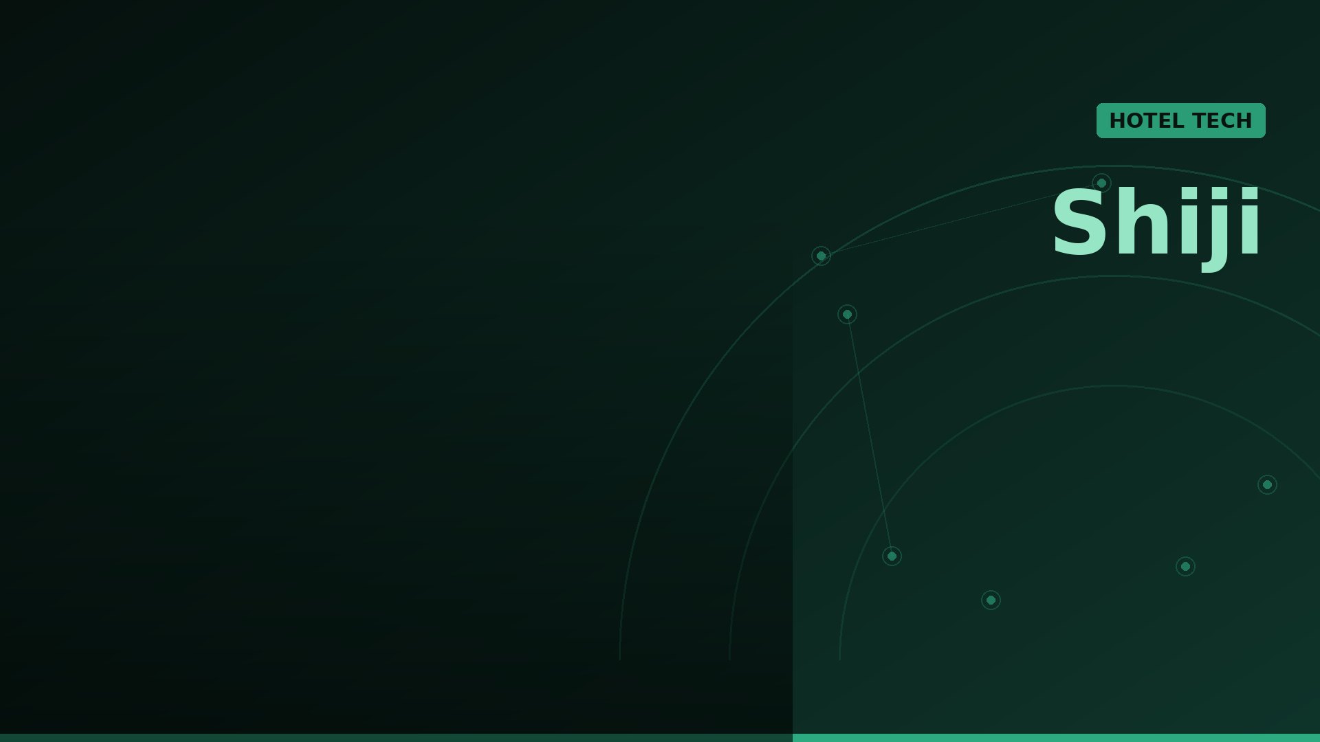 Dark green gradient hero with curved orbit lines and small nodes; Shiji branding on the right and a HOTEL TECH label above.