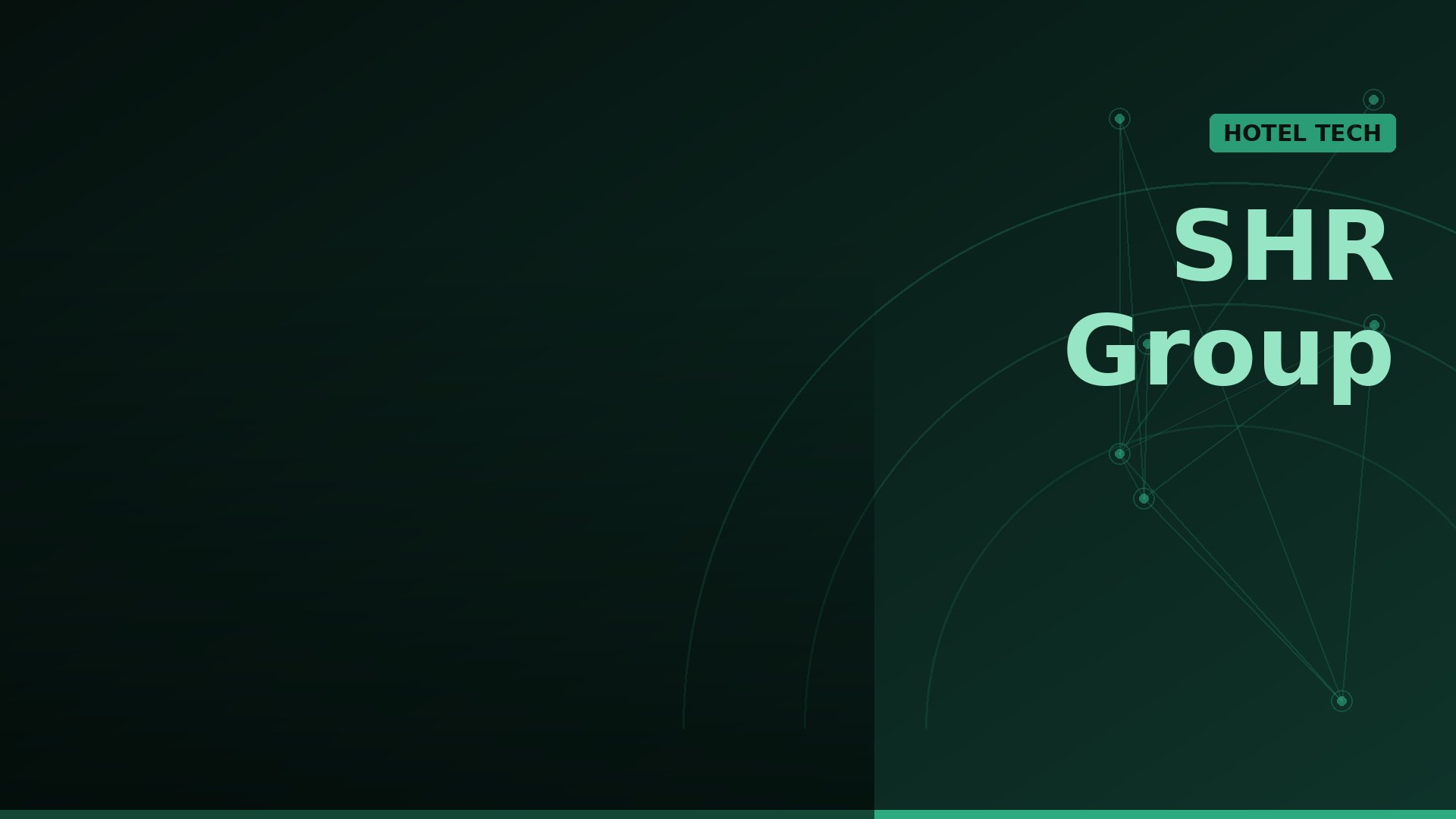Hero banner for SHR Group with 'HOTEL TECH' tag on a dark green gradient, featuring network lines and nodes in the background.