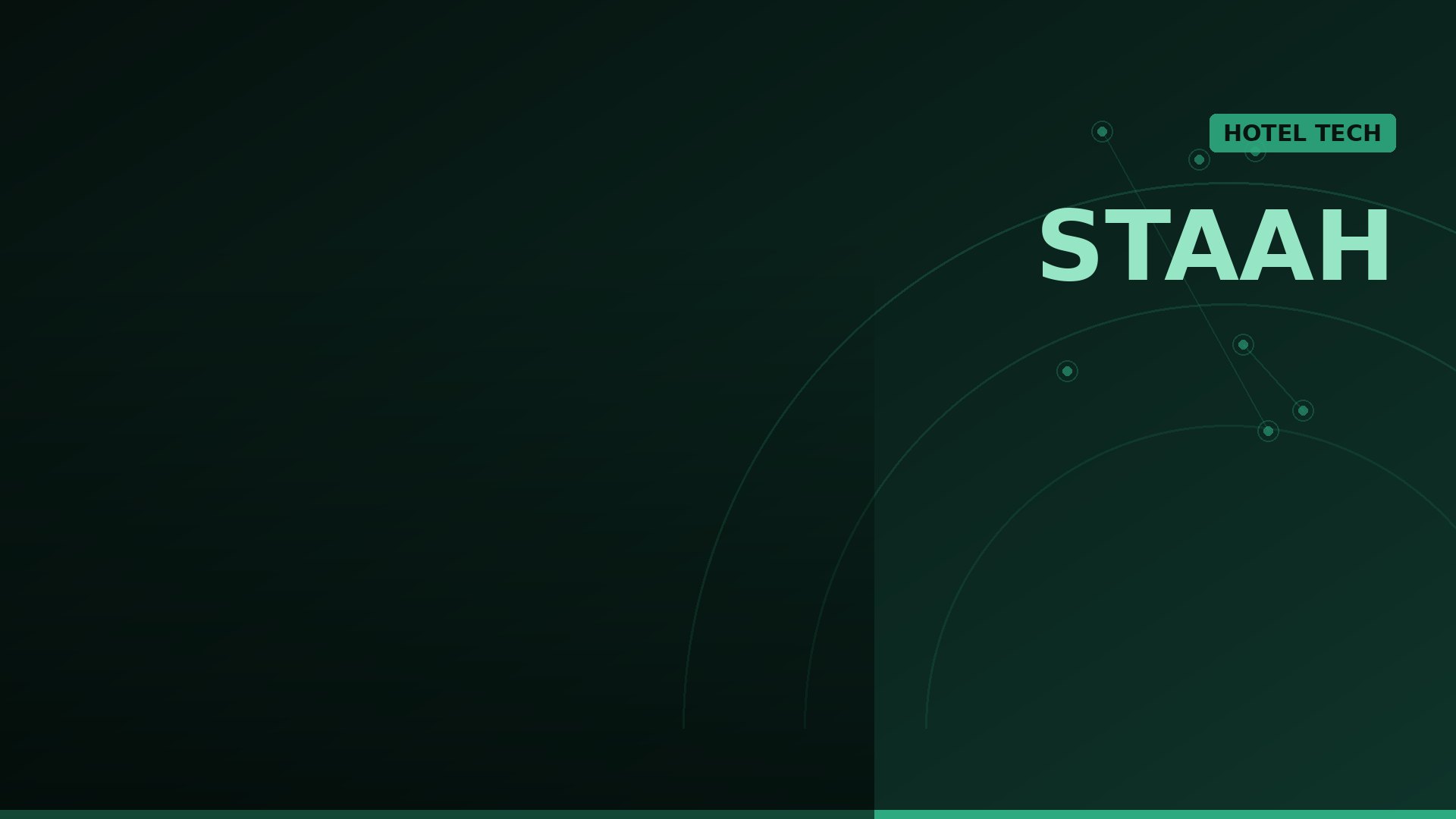 Large mint-green word (appears to read 'STAH') on a dark green gradient background with circuit-like arcs and nodes, plus a small rounded label reading 'HOTEL TECH' in the upper-right corner.