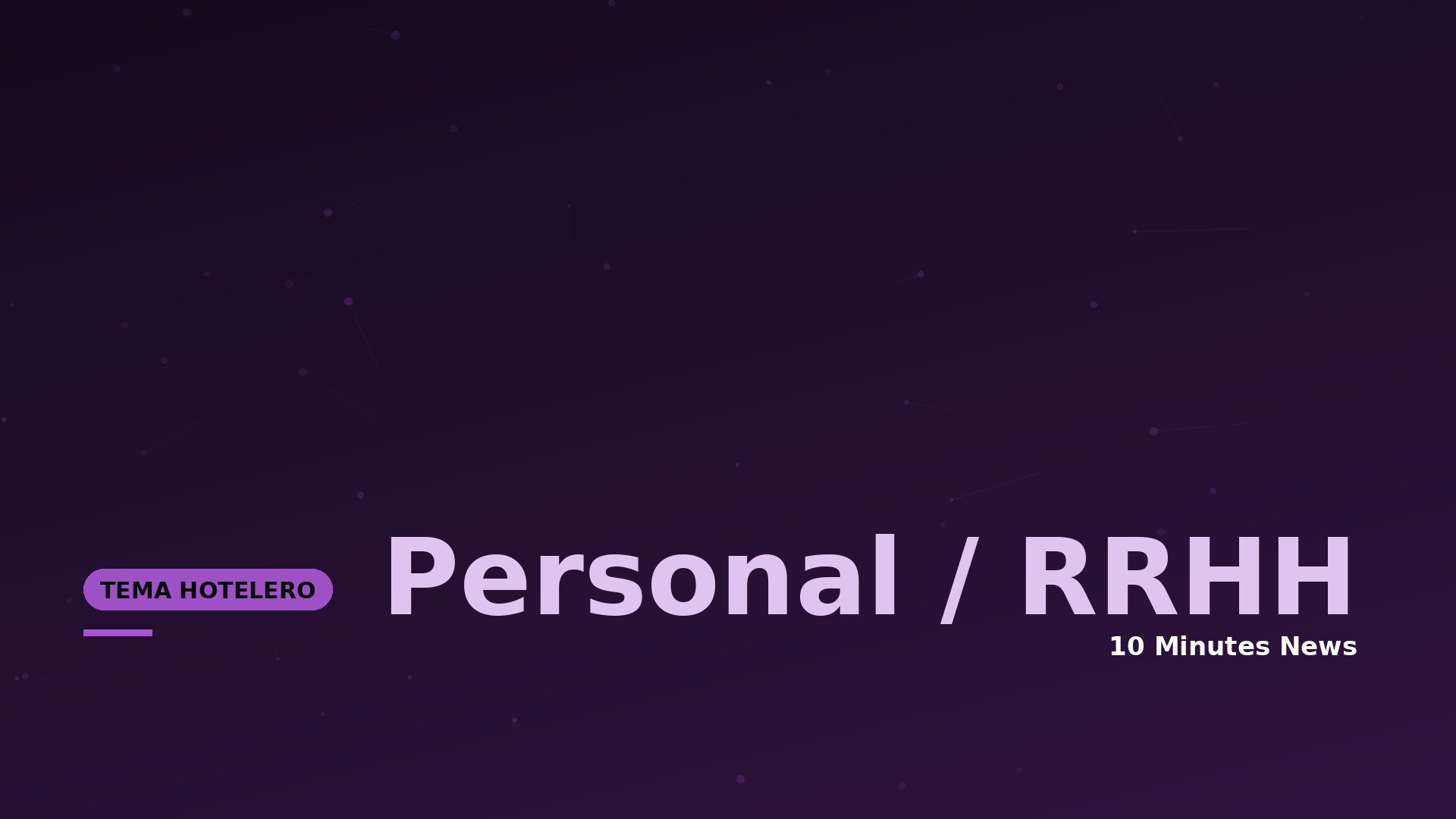Purple gradient hero banner with connected-dot motif, a rounded label 'TEMA HOTELERO', and large text 'Personal / RRHH' with '10 Minutes News' on the right.