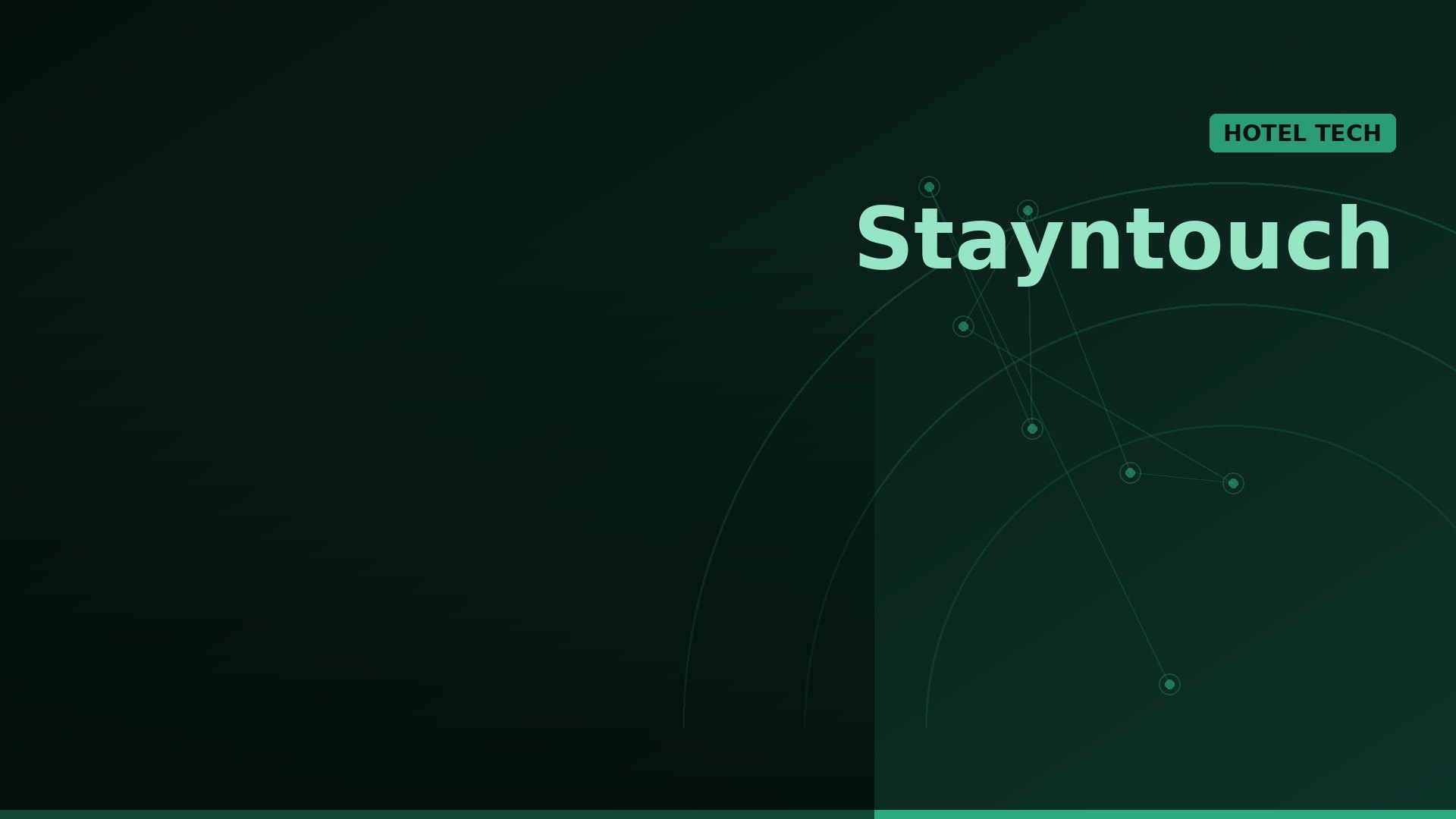 Brand hero: dark green gradient with Stayntouch logo in teal on the right and a HOTEL TECH badge, plus abstract network lines and dots in the background