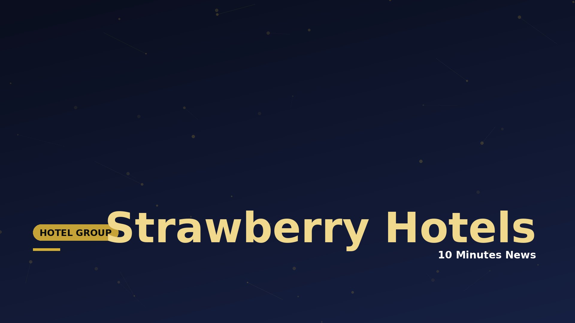 Hero banner with the words 'Strawberry Hotels' in large beige type on a dark blue gradient background, a yellow 'Hotel Group' badge on the left, and subtle constellation-like dots.
