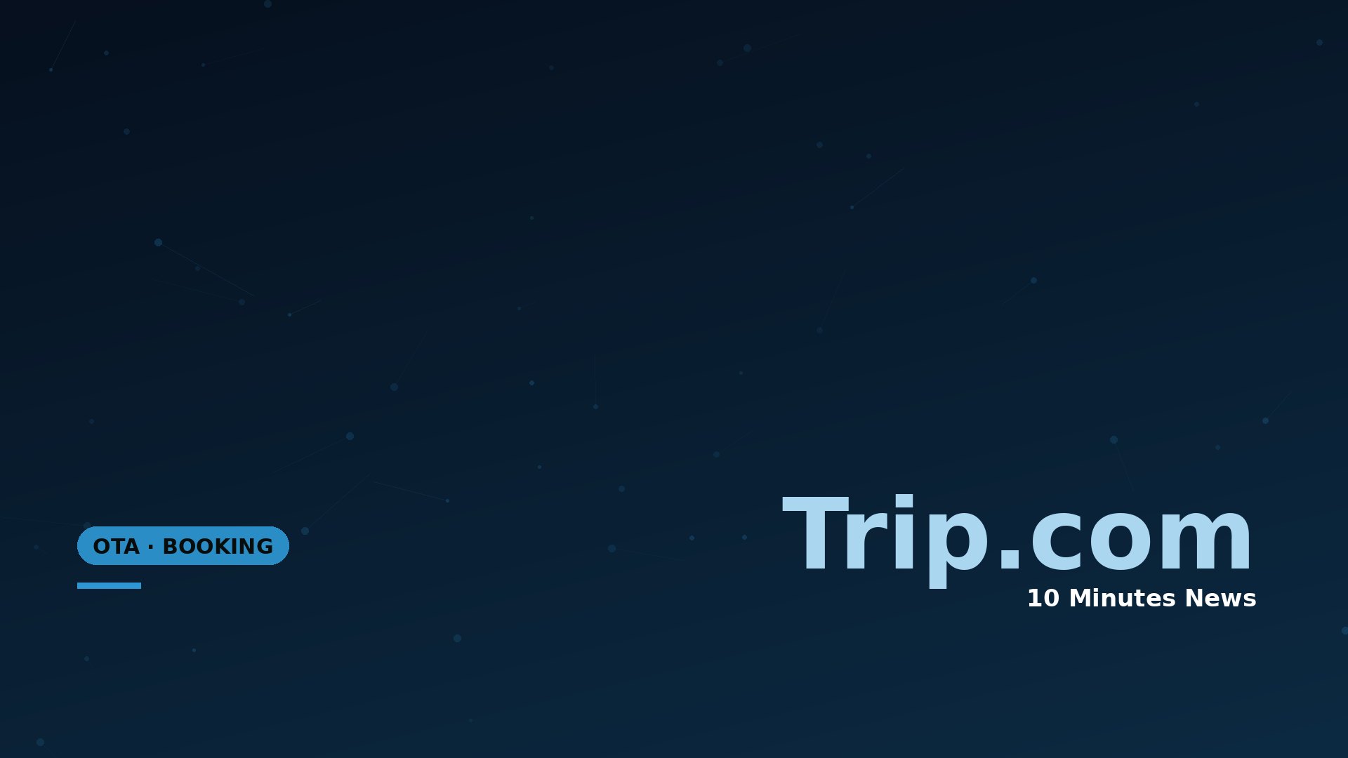 Dark blue gradient hero banner with subtle network-dot pattern, large 'Trip.com' text at lower right, '10 Minutes News' subtitle, and a rounded left badge reading 'OTA • BOOKING' with a small blue underline