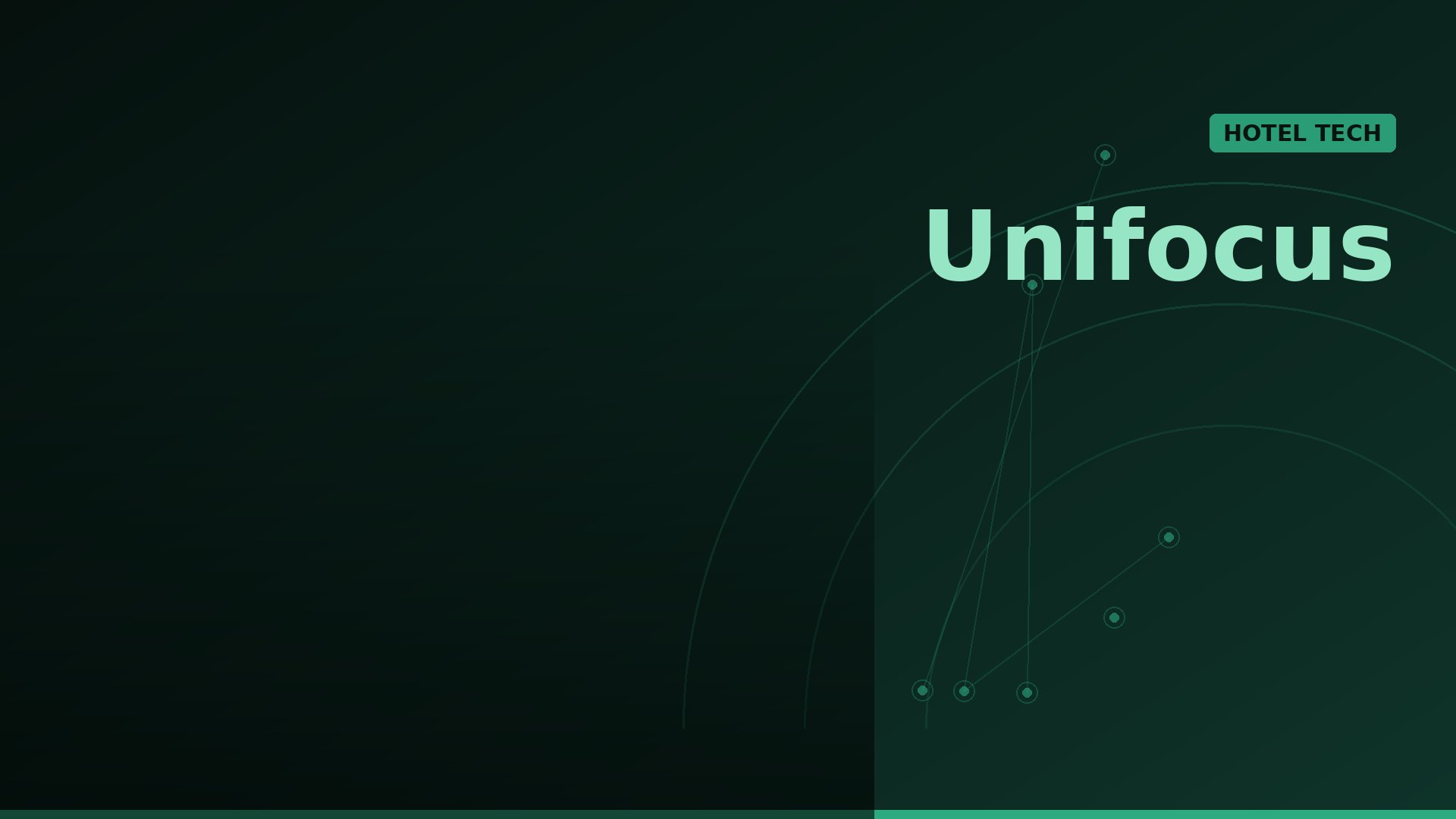 Dark green gradient hero with the word 'Unifocus' in mint on the right and a 'HOTEL TECH' badge; abstract circuit lines and nodes.