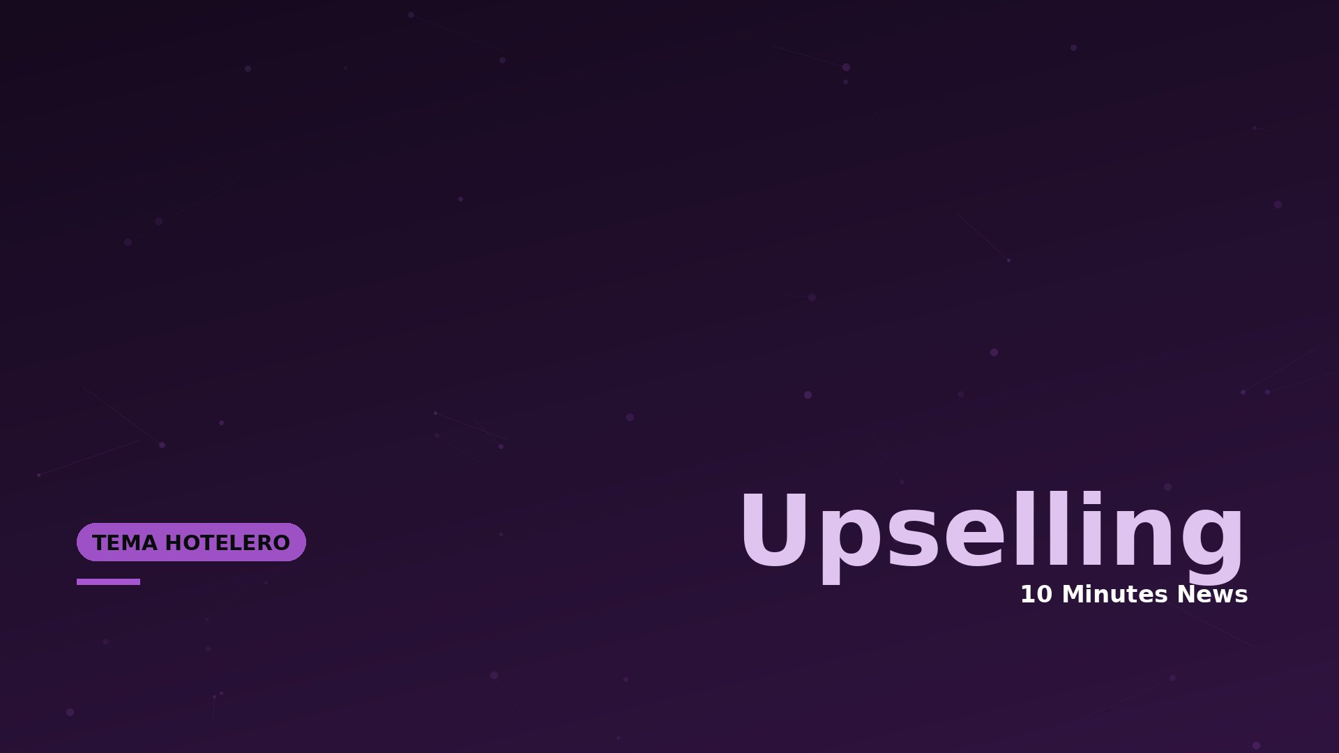 Dark purple gradient hero with a subtle dotted network pattern; large light-pink 'Upselling' text on the right and a rounded label 'TEMA HOTELERO' on the left with a small bar beneath it.