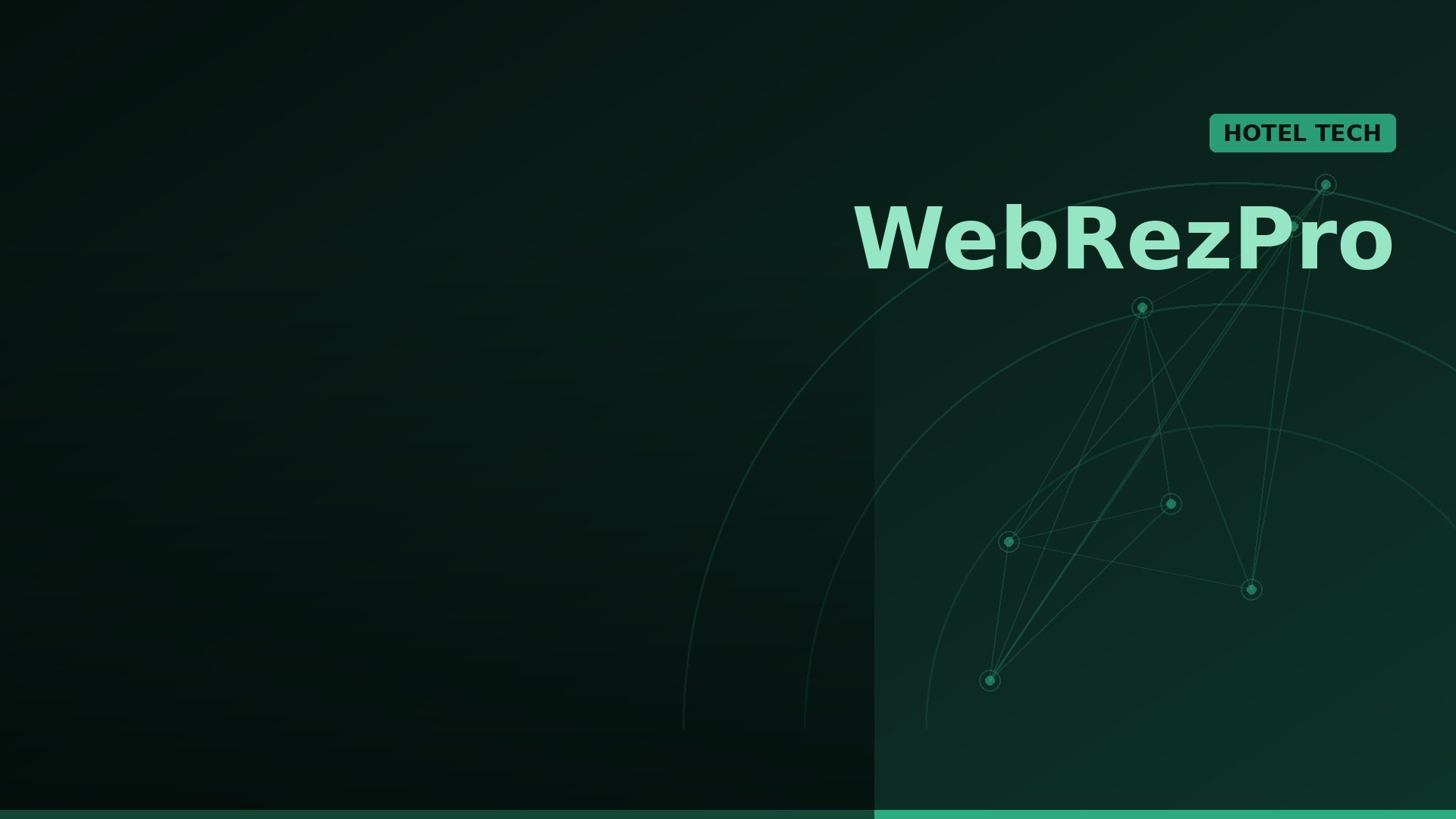 Dark green gradient hero image with the word 'WebRezPro' in large mint text and a teal 'HOTEL TECH' badge, plus geometric network lines on the right, suggesting tech connectivity