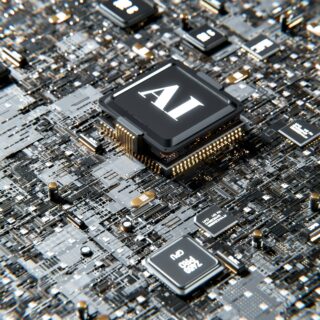 Close-up of a computer circuit board featuring a prominent AI processor chip labeled 'AI' amid complex circuitry and connectors