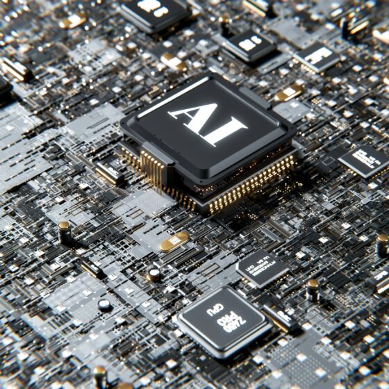 Close-up of a computer circuit board featuring a prominent AI processor chip labeled 'AI' amid complex circuitry and connectors