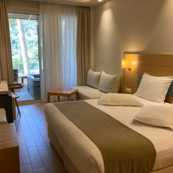 Hotel room with two large beds, neutral decor, bedside lamp, and a balcony door with sheer and heavy curtains revealing trees outside.