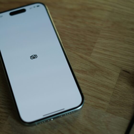 Close-up of a white smartphone with curved edges lying on a wooden desk, displaying a small black owl logo on the back.