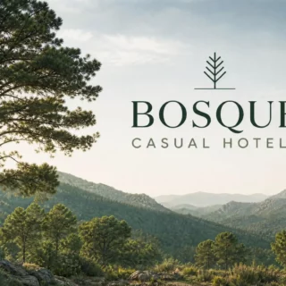 Promotional banner for Bosque Casual Hotels with a tree emblem and the brand name over a sunlit forest and mountain landscape.