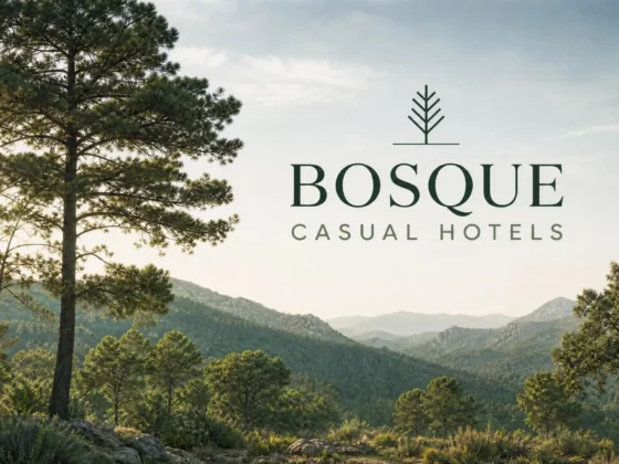 Promotional banner for Bosque Casual Hotels with a tree emblem and the brand name over a sunlit forest and mountain landscape.