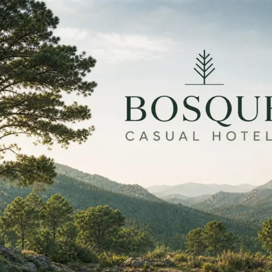 Promotional banner for Bosque Casual Hotels with a tree emblem and the brand name over a sunlit forest and mountain landscape.