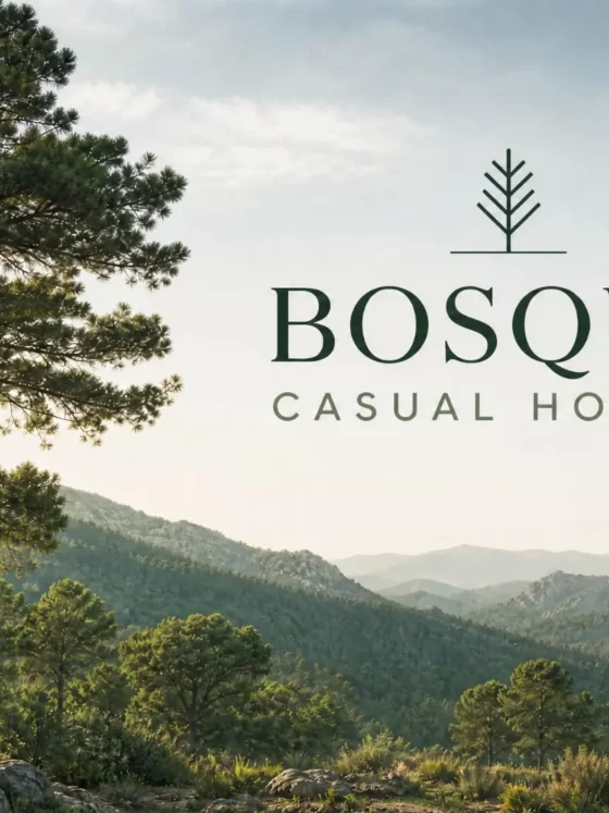 Promotional banner for Bosque Casual Hotels with a tree emblem and the brand name over a sunlit forest and mountain landscape.