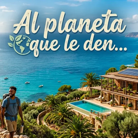 Couple hikers along a coastal trail toward a sunny hillside villa with a solar terrace overlooking turquoise sea.