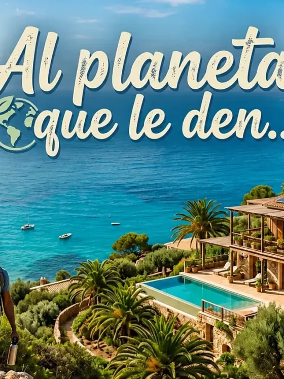Couple hikers along a coastal trail toward a sunny hillside villa with a solar terrace overlooking turquoise sea.
