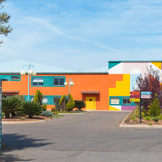 Colorful modern building with an orange and turquoise facade, a geometric mural, a stone entrance sign reading RESUINSA, and palm trees under a clear blue sky.