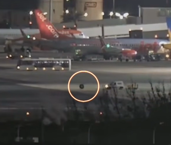 Nighttime at the airport with aircraft parked; a small dark object on the taxiway circled in orange.