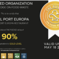 Certified Organization badge for The Pledge on Food Waste; Hotel Port Europa Restaurant earned 90% (Gold Level) with badge and validity through May 18, 2027.