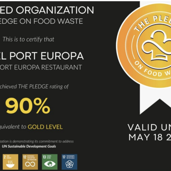 Certified Organization badge for The Pledge on Food Waste; Hotel Port Europa Restaurant earned 90% (Gold Level) with badge and validity through May 18, 2027.