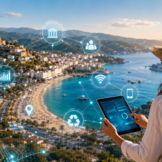 Woman wearing a straw hat uses a tablet over a coastal town, with glowing icons representing connectivity and data analytics.