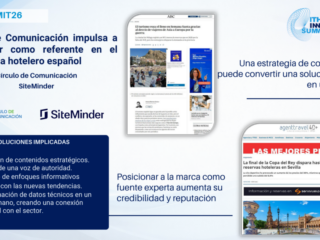 Diapositiva informativa mostrando el Círculo de Comunicación y SiteMinder con sus logos, dos capturas de noticias y una lista de soluciones implicadas.