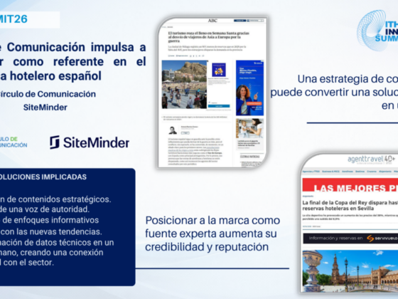 Diapositiva informativa mostrando el Círculo de Comunicación y SiteMinder con sus logos, dos capturas de noticias y una lista de soluciones implicadas.